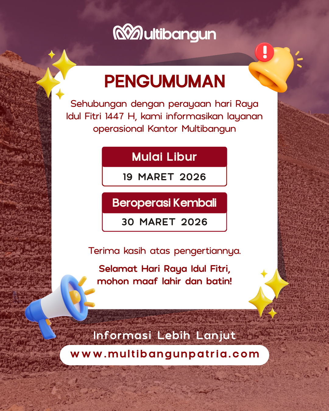 Pengumuman Libur Lebaran 2026 Kantor dan Gudang PT. Multibangun Rekatama Patria